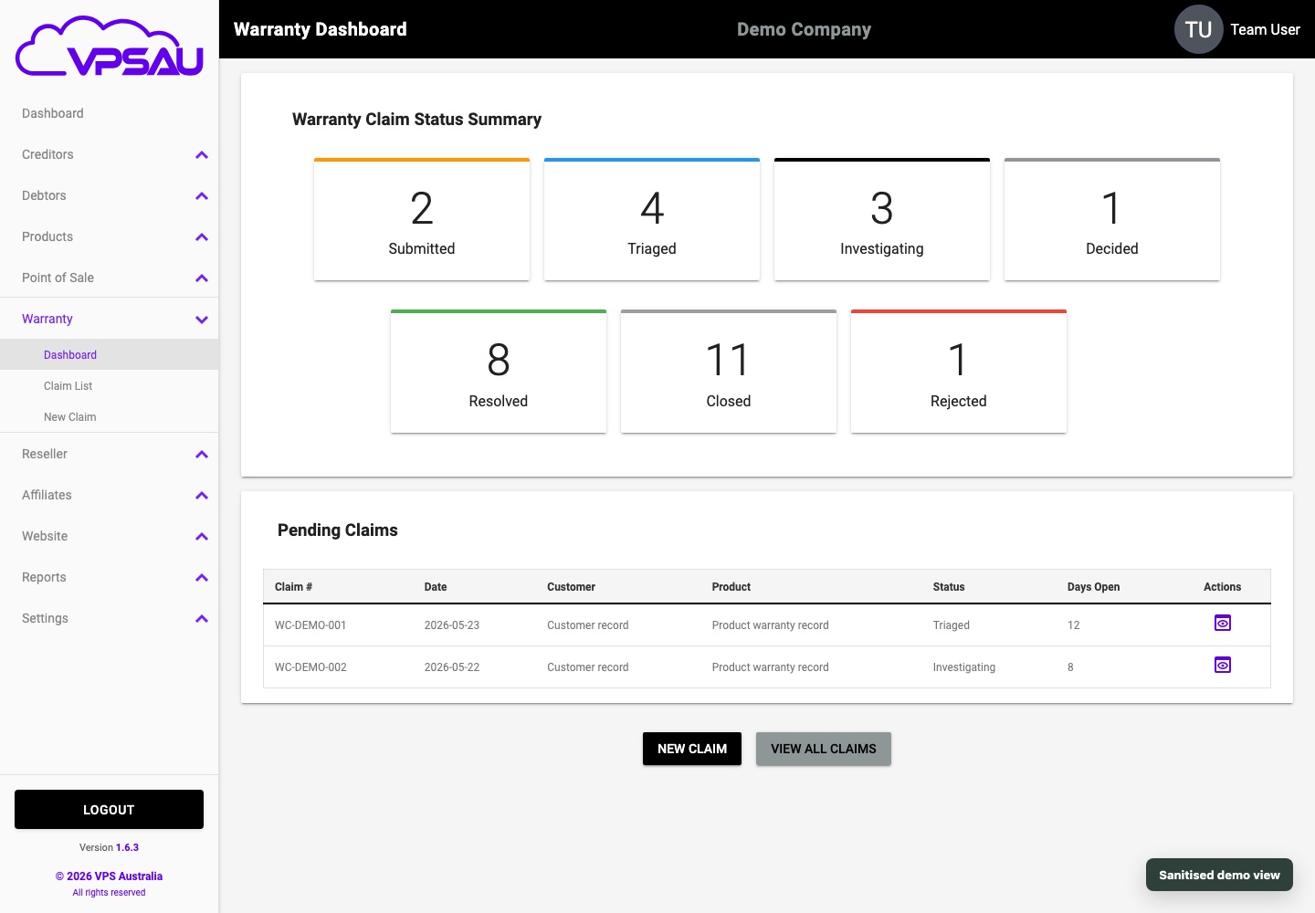 VPS Foundation Suite warranty dashboard